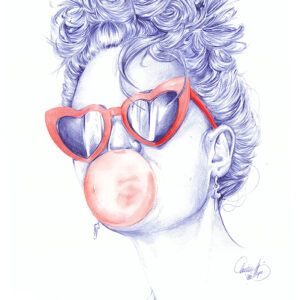 Ilustración Melodía de Verano: retrato artístico de mujer con gafas rojas en forma de corazón y pompa de chicle, evocando libertad y nostalgia veraniega.