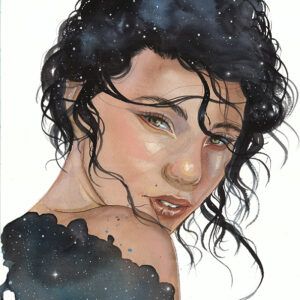 Ilustración Constelación Interior de Christine Hope, técnica mixta con efecto cósmico en el cabello.