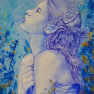 Ilustración Espíritu del Bosque de Christine Hope, elfa mística fusionada con la naturaleza, técnica mixta.