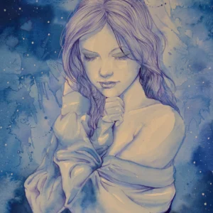Ilustración Entre el Frío de Tus Brazos de Christine Hope, técnica mixta con pintura plateada sobre fondo azul.