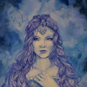 Ilustración original "Gracia y Coraje" que retrata a una mujer poderosa con mirada decidida y larga melena en un entorno celestial.