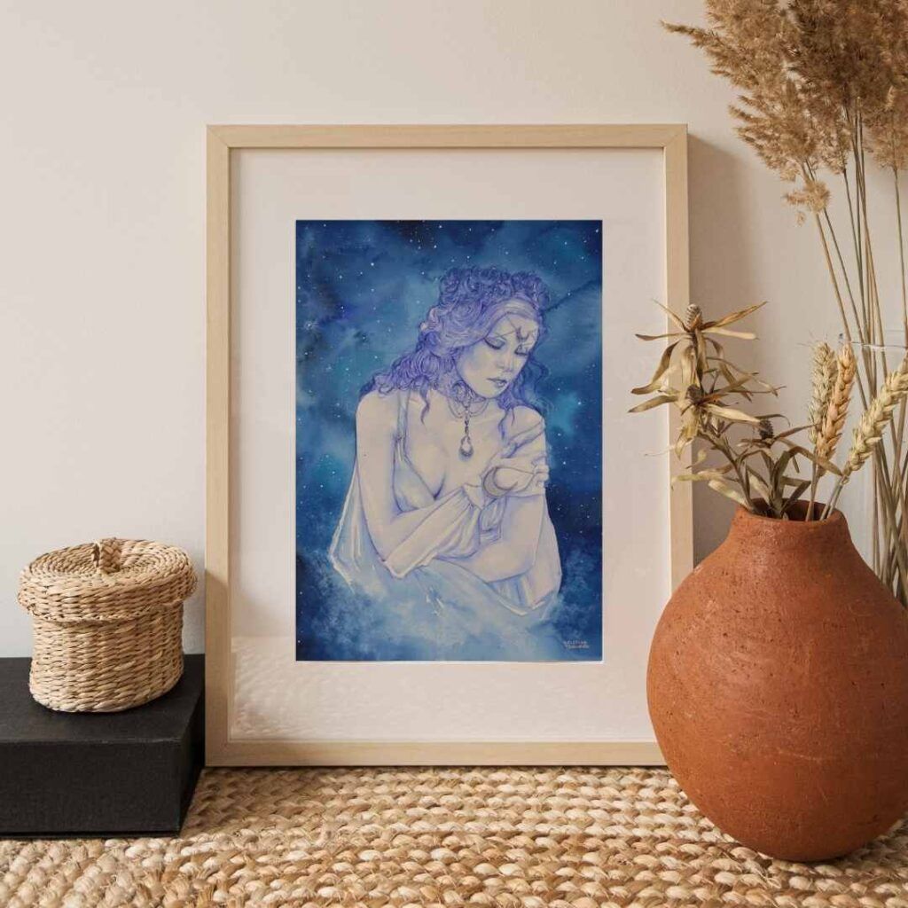 Obra “Luna” decorando un espacio con estilo romántico y tonos suaves. Perfecta para añadir calma e inspiración al hogar.