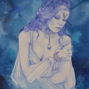 Ilustración “Luna” de Christine Hope, técnica mixta con detalles plateados. Retrata una figura femenina introspectiva envuelta en serenidad.