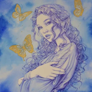 Ilustración Madame Butterfly de Christine Hope, técnica mixta con pintura dorada sobre fondo celeste. Representa delicadeza y fuerza femenina.