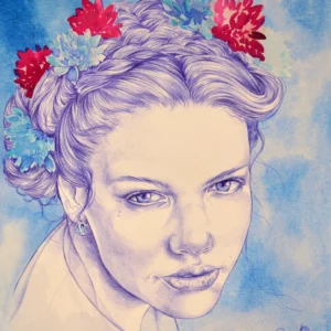 Retrato ilustrado de Peonía, una obra de Christine Hope que simboliza la belleza interior y la fortaleza moral, creada con bolígrafo y acuarela.