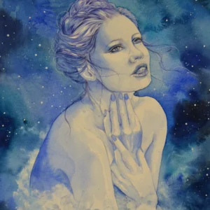 Primer plano de la obra Resplandor Sereno, retrato femenino con fondo estelar en tonos azules y trazos en bolígrafo y acuarela.