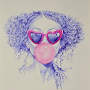 Ilustración original “Latidos de Chicle” con niña de gafas de corazón y burbuja rosa. Transmite inocencia, alegría y espontaneidad.
