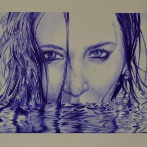 Ilustración Marea Interior de Christine Hope, retrato emocional de una mujer emergiendo del agua. Técnica a bolígrafo sobre papel de acuarela.
